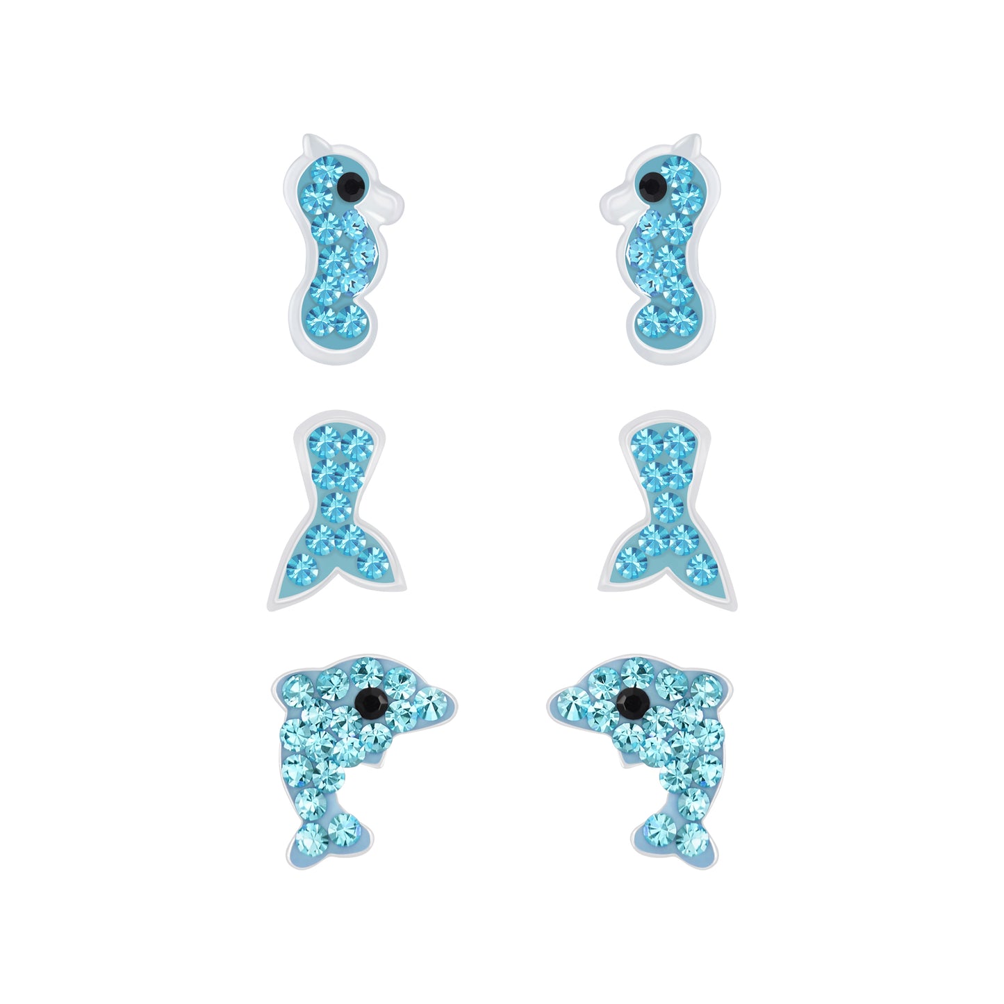 Melchior Jewellery kids ocean themed stud earrings set with seahorse, fish tail, and dolphin designs