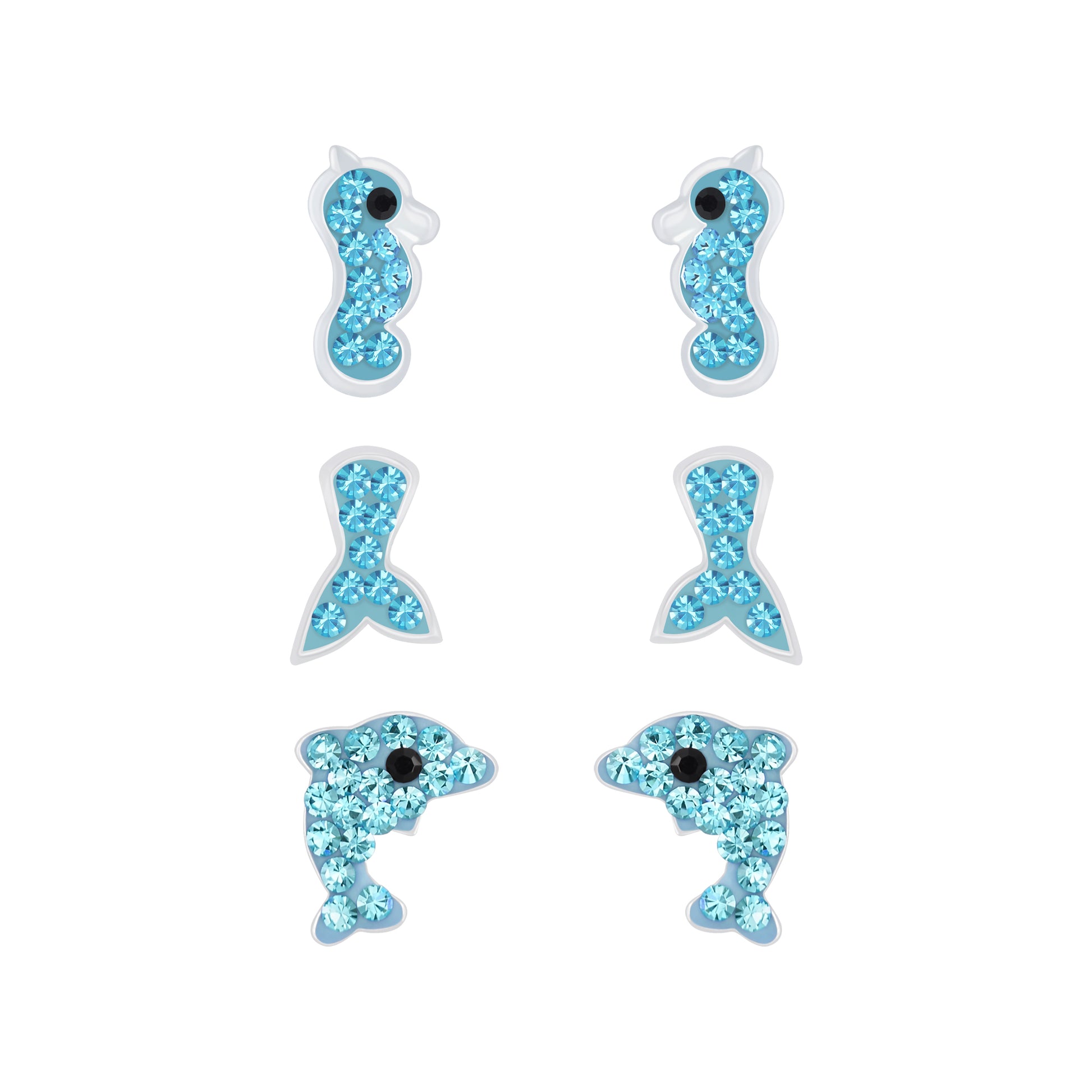 Melchior Jewellery kids ocean themed stud earrings set with seahorse, fish tail, and dolphin designs
