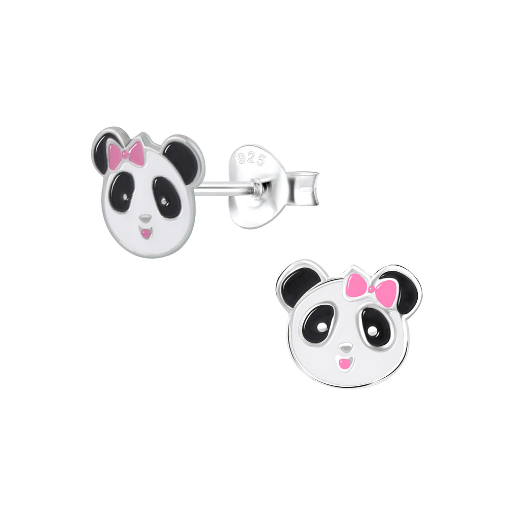 Melchior Jewellery kids panda bear stud earrings in silver with pink bow detail for children