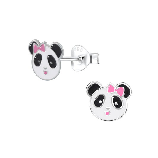 Melchior Jewellery kids panda bear stud earrings in silver with pink bow detail for children