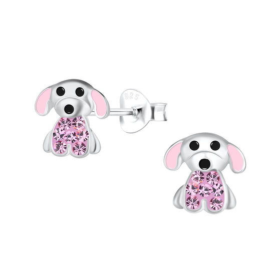 Melchior Jewellery kids pink dog stud earrings with silver and pink crystal design for children