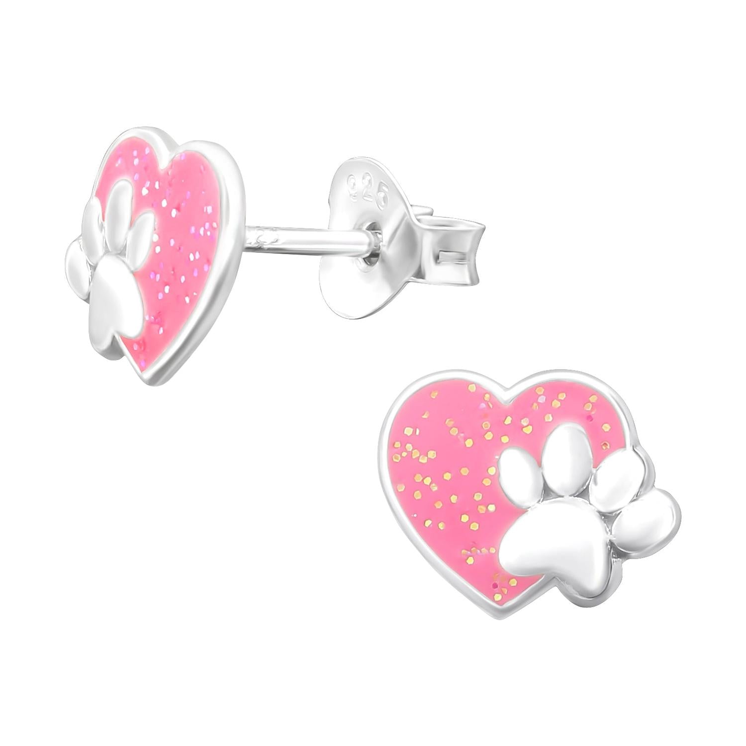 Melchior Jewellery kids pink heart paw print jewellery earrings with silver paw on glittery pink heart background