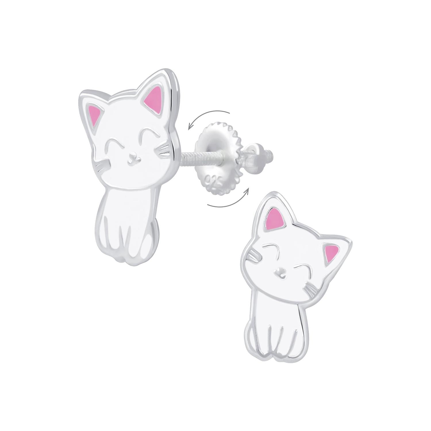 Kids silver cat screw back earrings with pink enamel ears and smiling cat faces by Melchior Jewellery