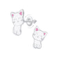 Kids silver cat screw back earrings by Melchior Jewellery featuring cute cat design with pink ears