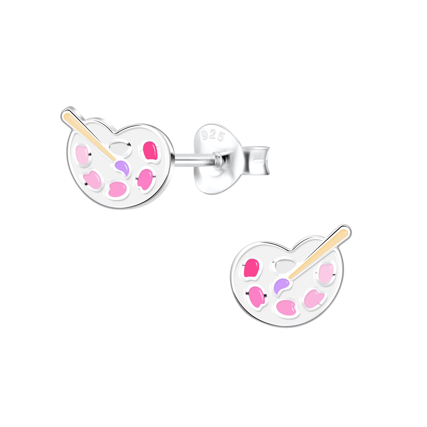 Kids Silver Paint Palette Stud Earrings by Melchior Jewellery with pink and purple paint spots and a gold-tone brush detail
