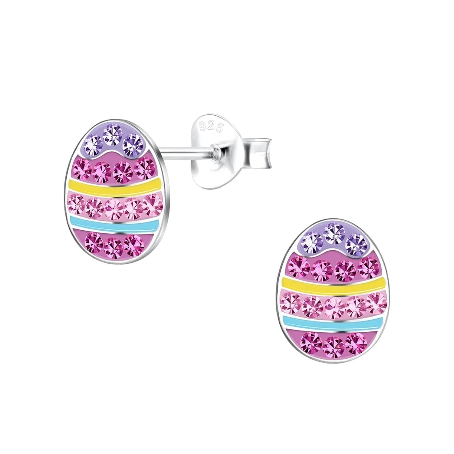 Melchior Jewellery kids sterling silver easter egg earrings with pink, purple, yellow, and blue crystal details