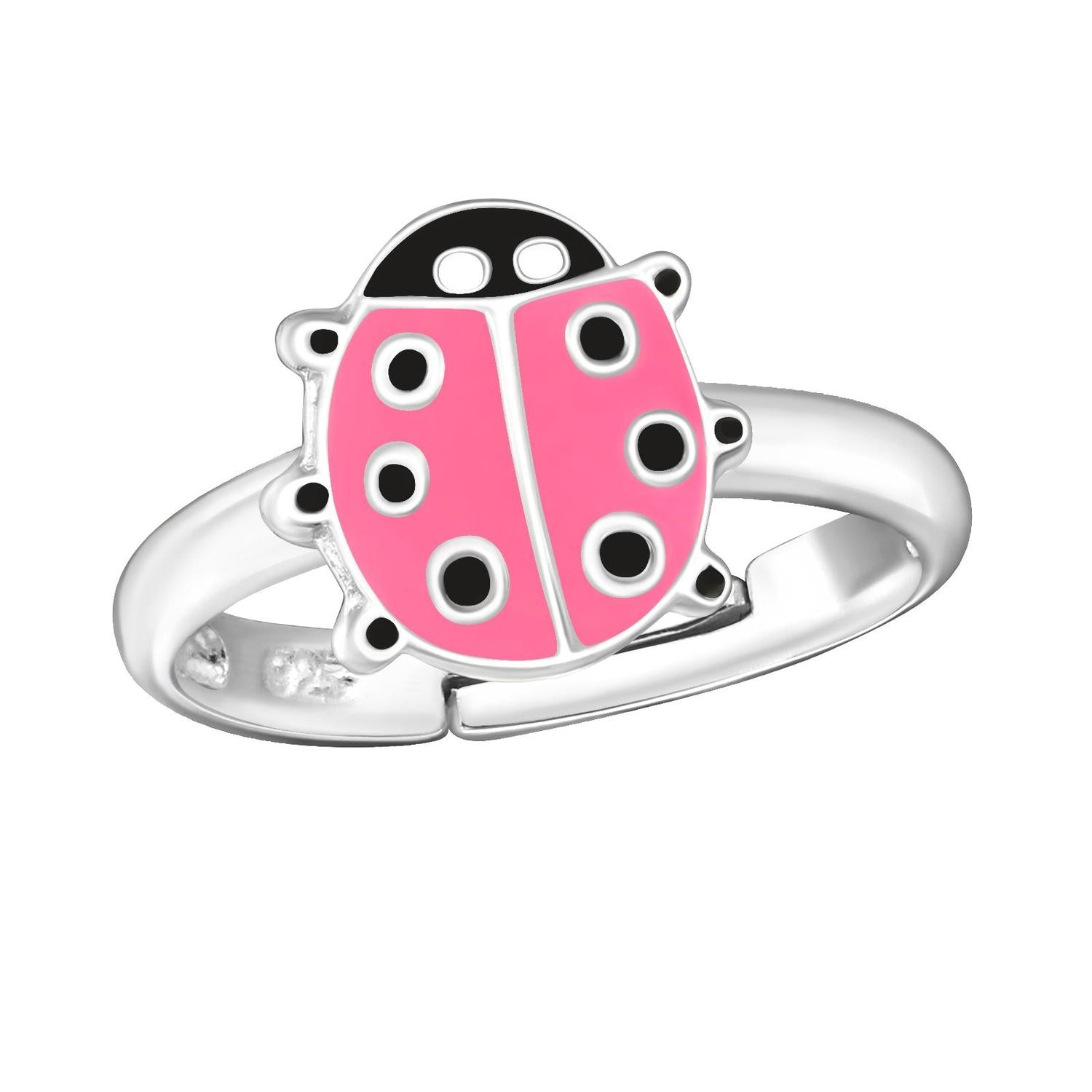 Melchior Jewellery kids sterling silver ladybird ring with pink and black enamel detailing