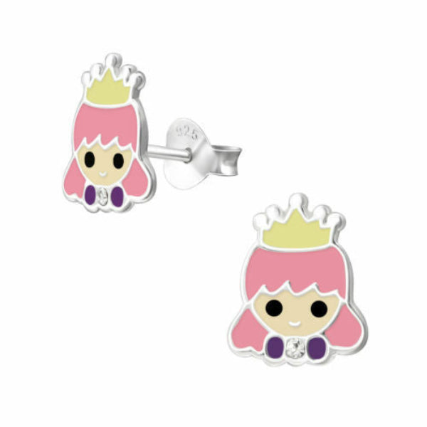 Melchior Jewellery kids sterling silver princess earrings with pink hair and yellow crown design