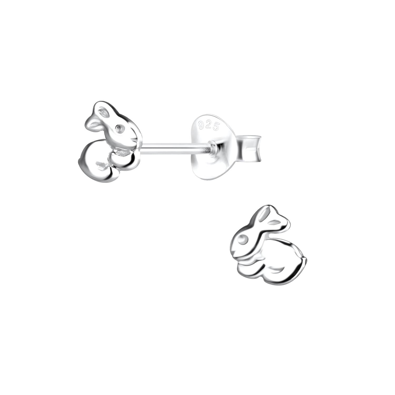 Kids Sterling Silver Small Rabbit Stud Earrings in shiny silver with smooth polished finish by Melchior Jewellery
