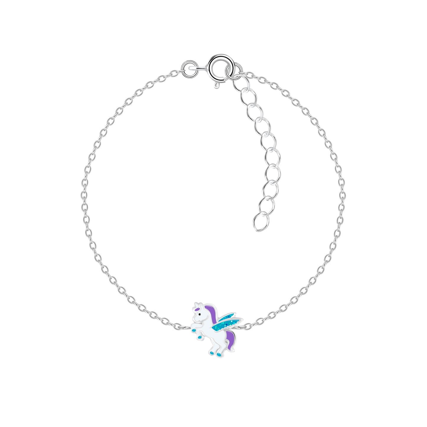 Melchior Jewellery kids winged unicorn charm bracelet with silver chain and colourful unicorn charm