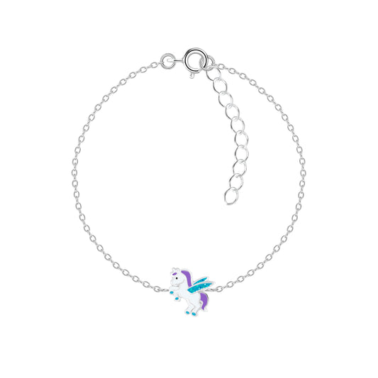 Melchior Jewellery kids winged unicorn charm bracelet with silver chain and colourful unicorn charm