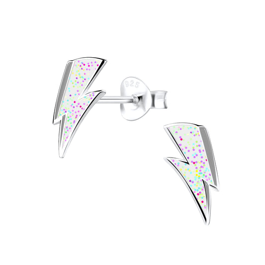 Melchior Jewellery lightning bolt stud earrings for kids with silver outline and multicoloured glitter detail