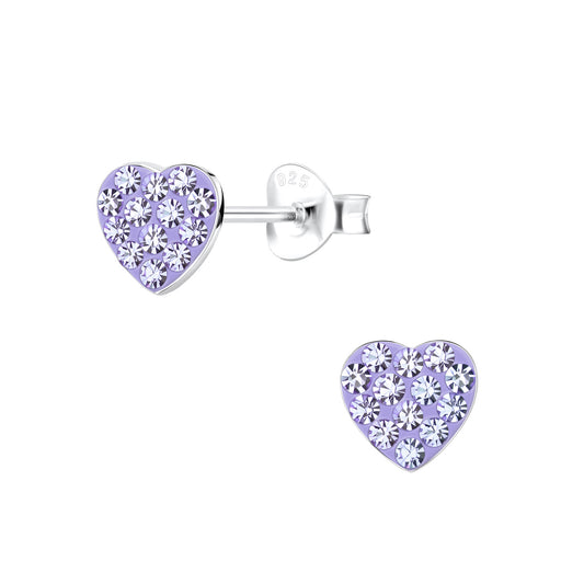 Melchior Jewellery lilac crystal stud earrings for kids in heart shape with silver backing