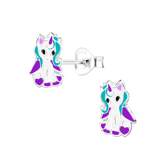 Melchior Jewellery little girls unicorn studs in silver with blue and purple enamel details