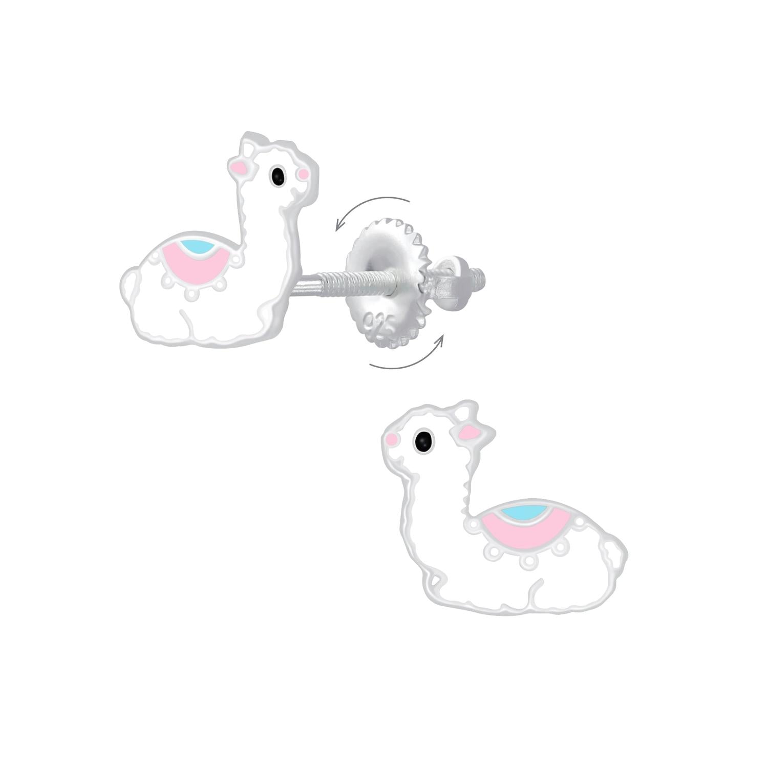 Melchior jewellery llama screw back earrings for kids with white enamel and pastel pink and blue details