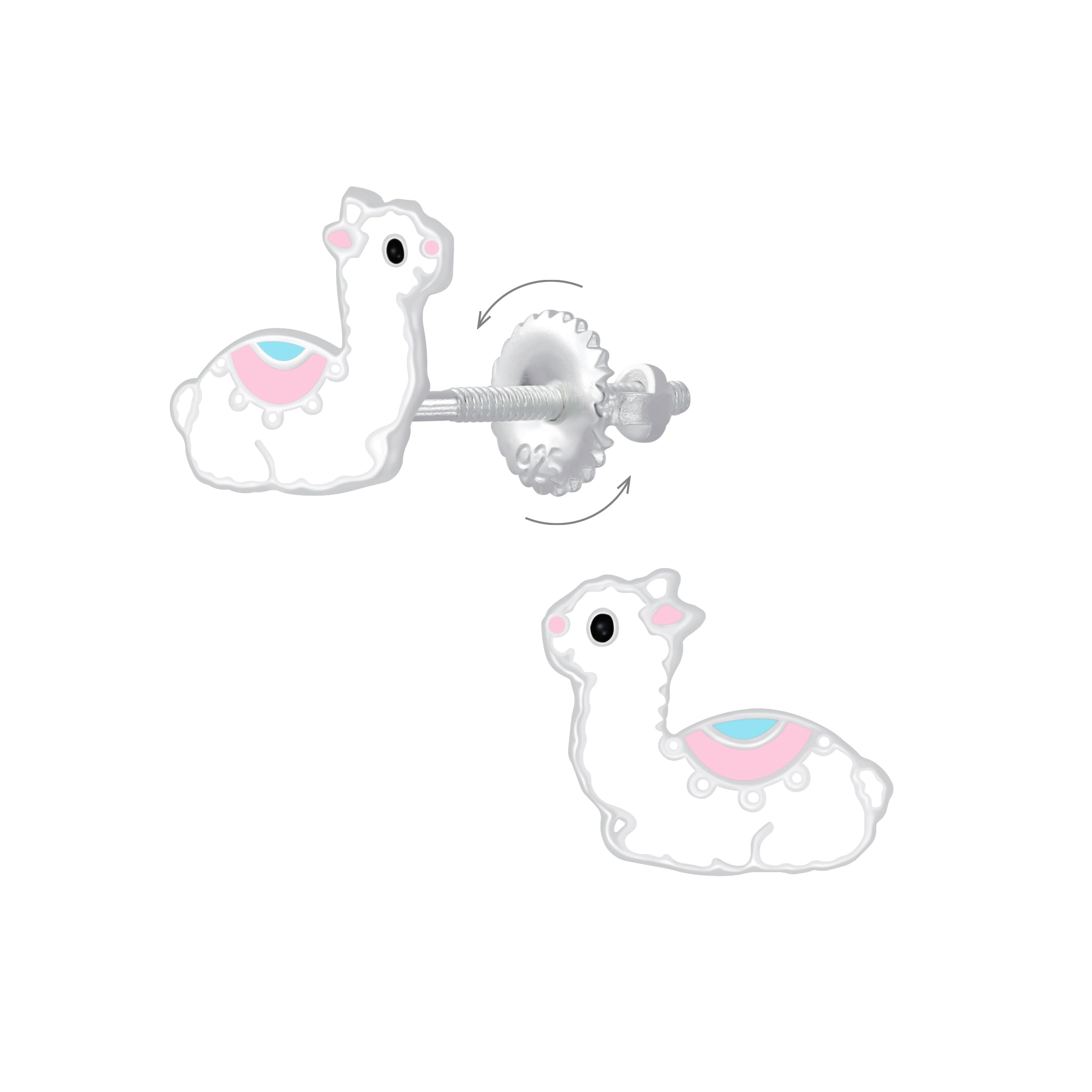 Melchior jewellery llama screw back earrings for kids with white enamel and pastel pink and blue details
