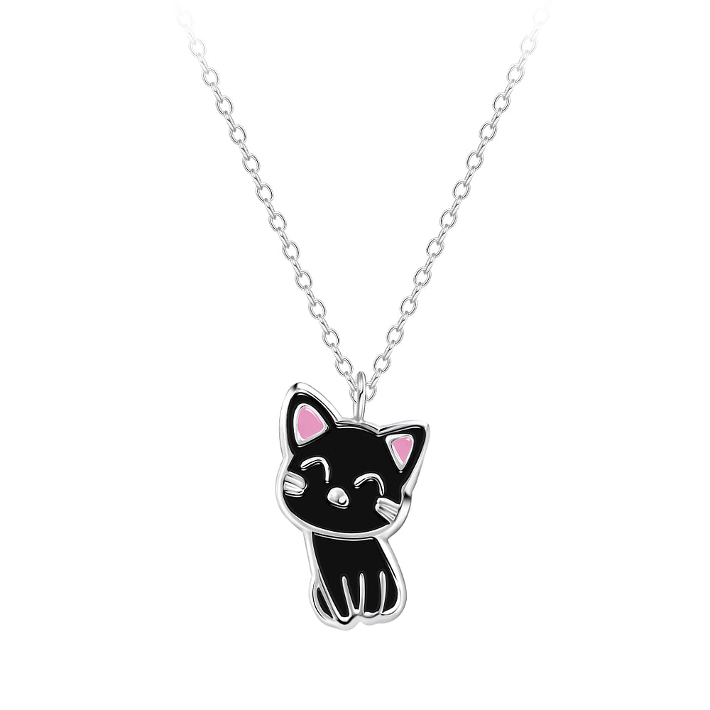 Melchior Jewellery childrens lucky cat necklace for kids with black cat pendant on silver chain