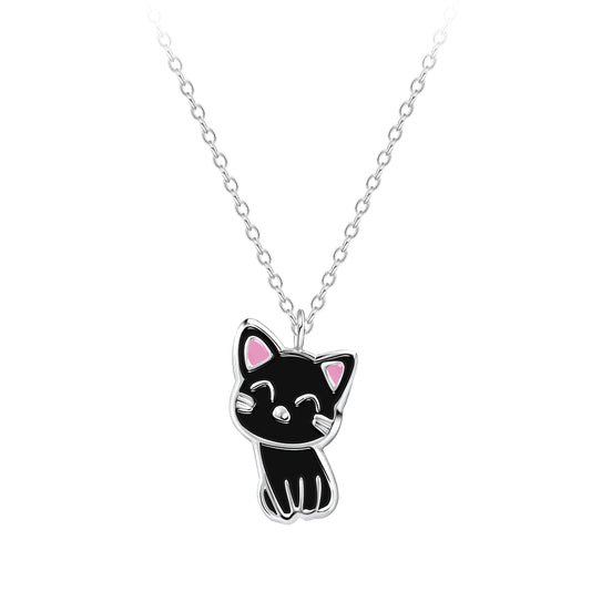 Melchior Jewellery childrens lucky cat necklace for kids with black cat pendant on silver chain
