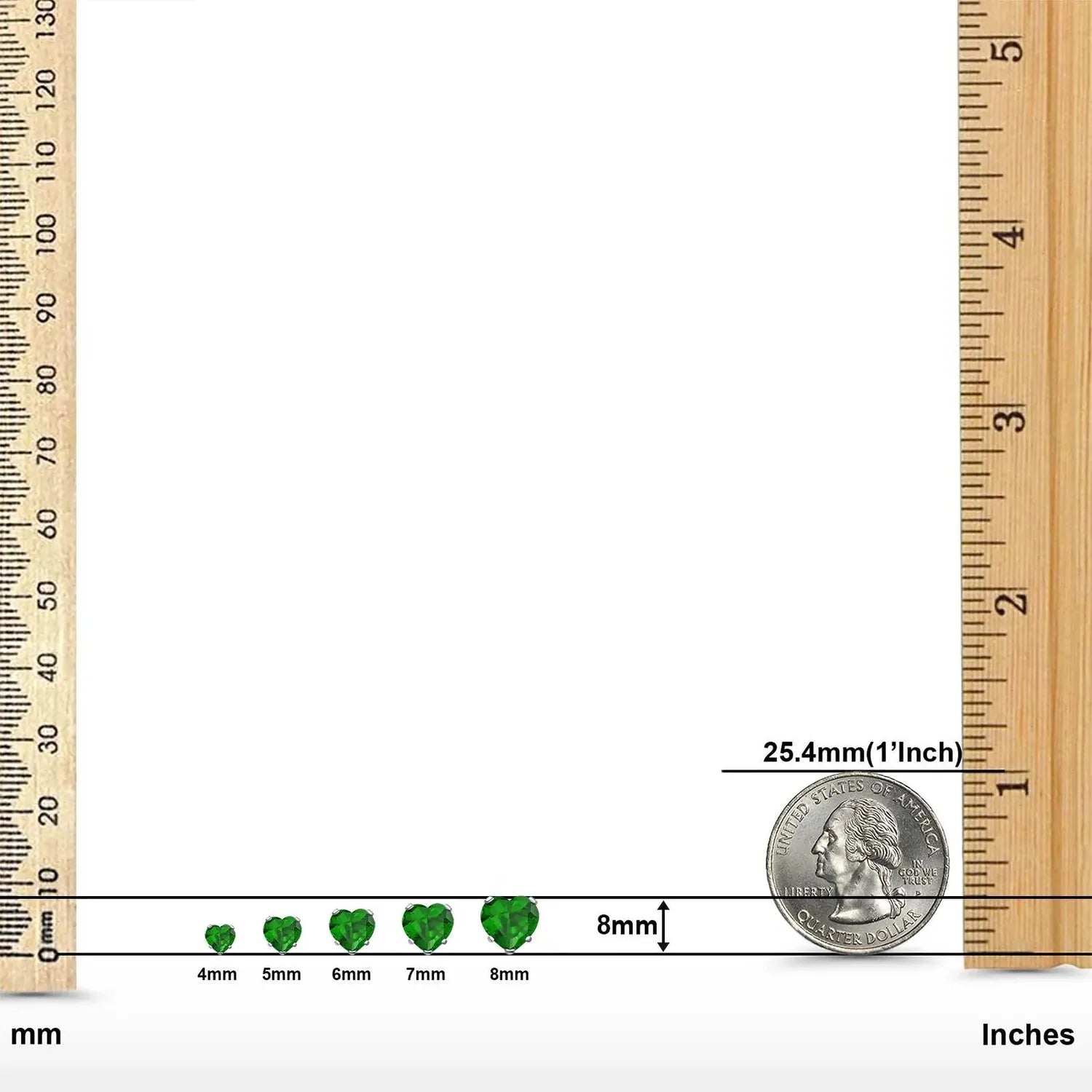 Melchior Jewellery green heart-shaped may birthstone earrings in various sizes from 4mm to 8mm displayed with rulers
