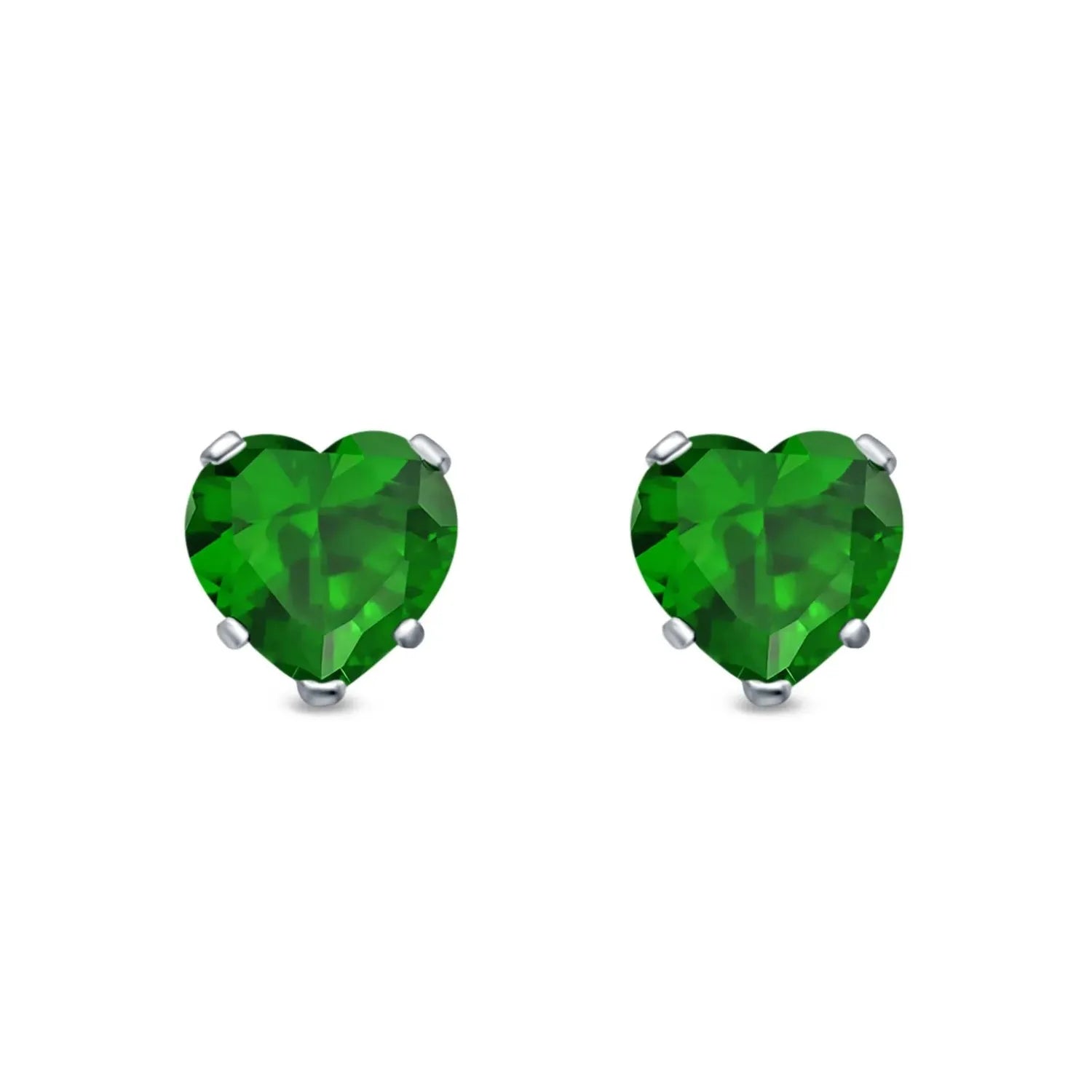 Heart-shaped vibrant green may birthstone earrings with silver prong setting by Melchior Jewellery