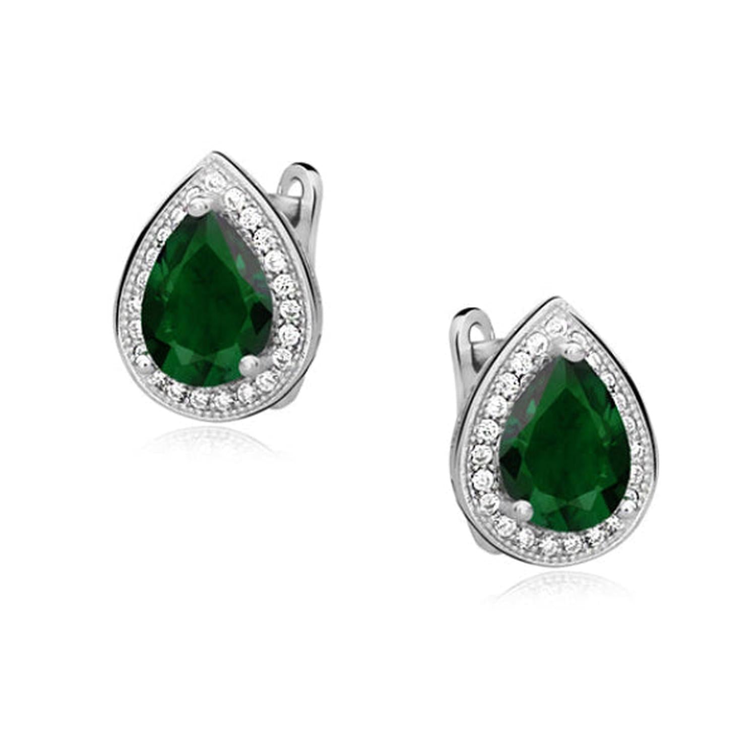 Melchior Jewellery May Birthstone Stud Earrings with deep green pear-shaped stones surrounded by small clear crystals