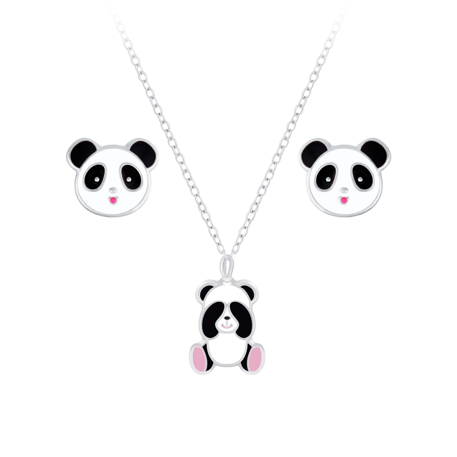 Melchior Jewellery panda stud earrings and necklace gift set for children with cute black and white panda design
