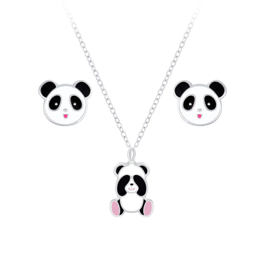 Melchior Jewellery panda stud earrings and necklace gift set for children with cute black and white panda design