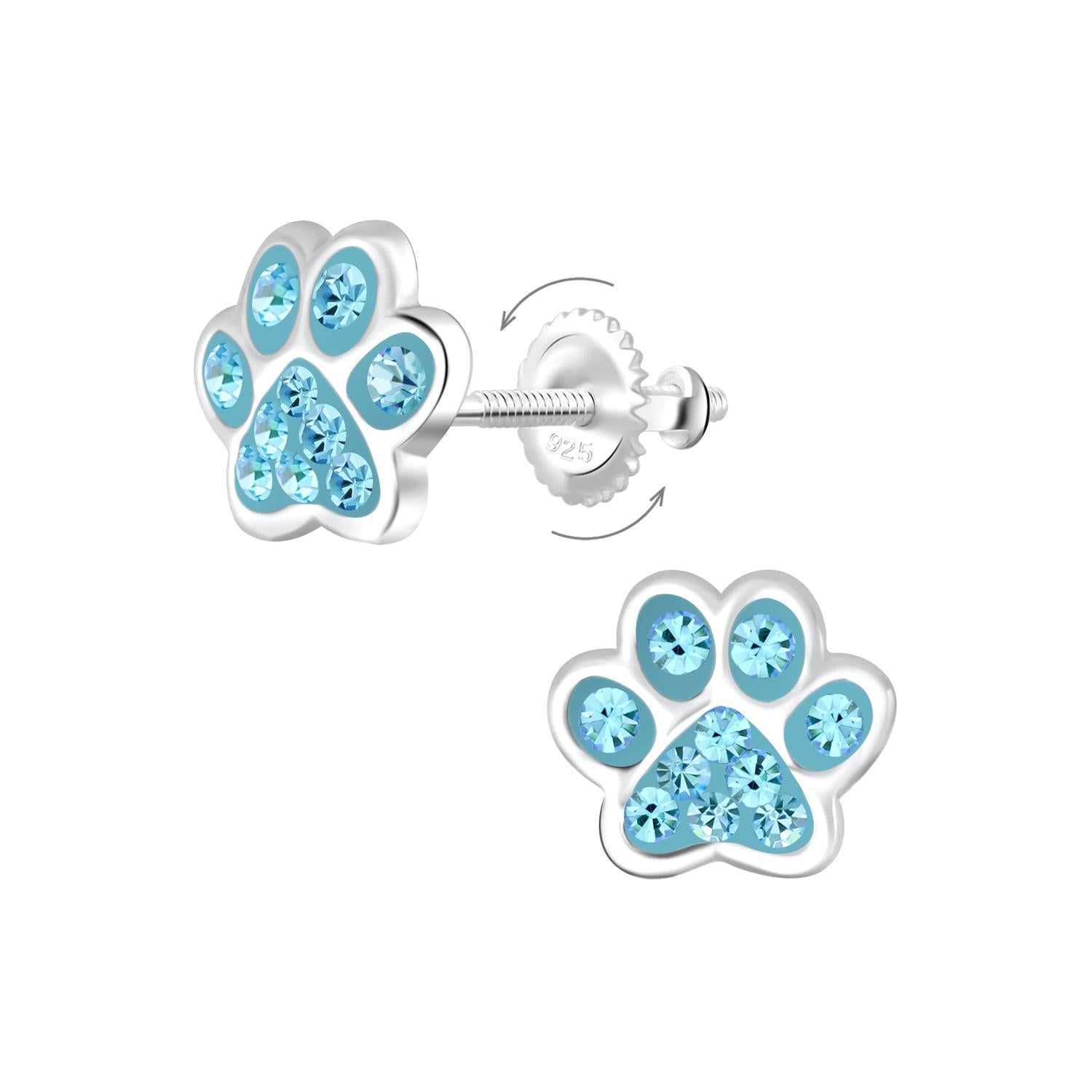 Silver paw earrings for children with bright blue crystals by Melchior Jewellery