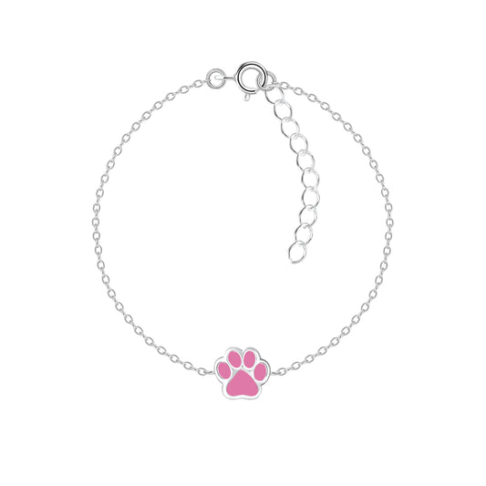 Melchior Jewellery delicate paw print bracelet for kids with pink charm and adjustable silver chain
