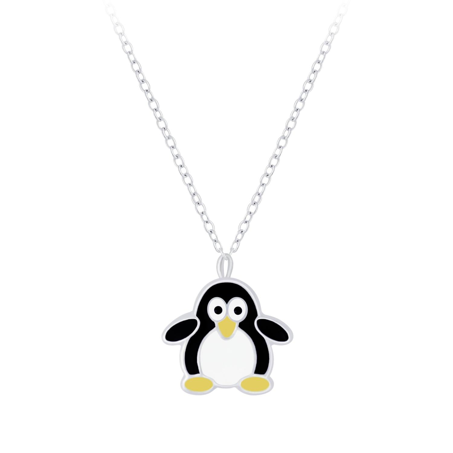 Melchior Jewellery penguin necklace featuring a black white and yellow enamel penguin pendant on a silver chain
