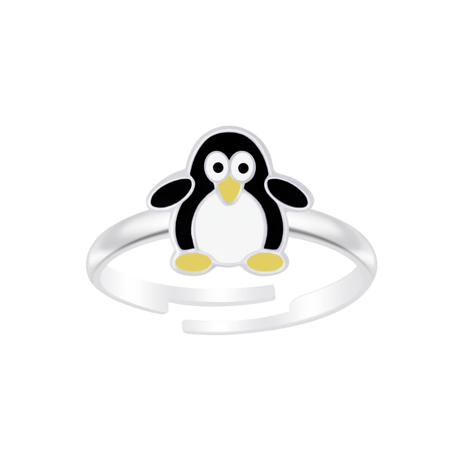 Melchior Jewellery childrens penguin themed silver ring with black white and yellow enamel detailing