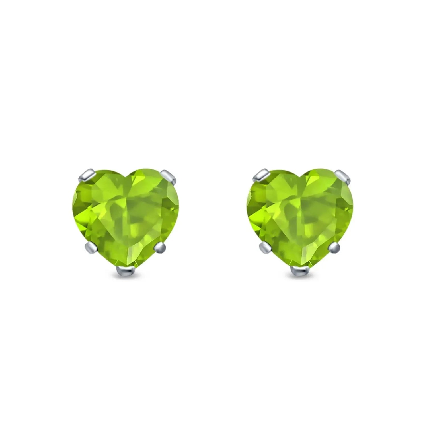 Melchior Jewellery peridot heart stud earrings featuring bright green heart-shaped stones set in silver prongs
