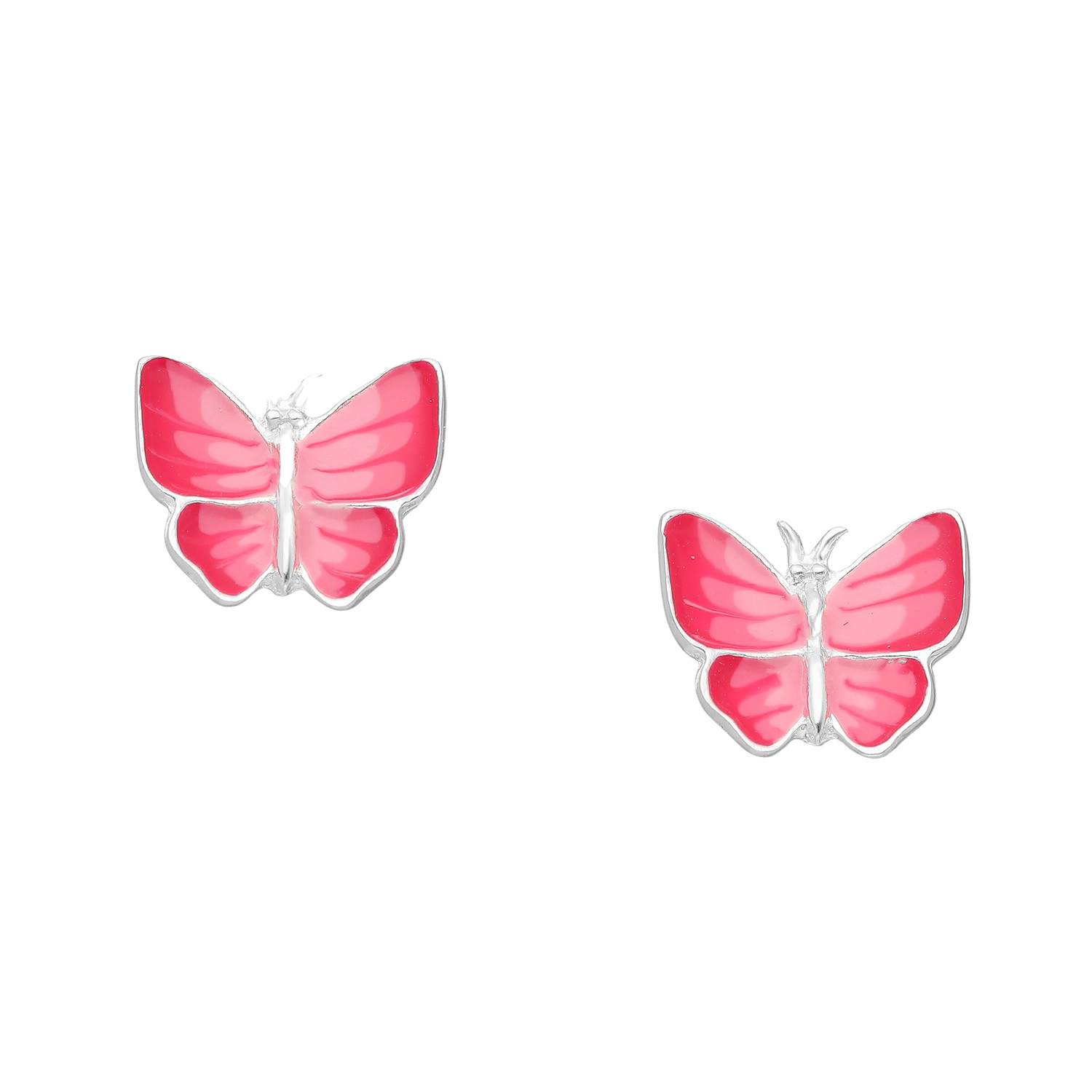 Melchior Jewellery pink butterfly stud earrings for kids with silver edges on black background