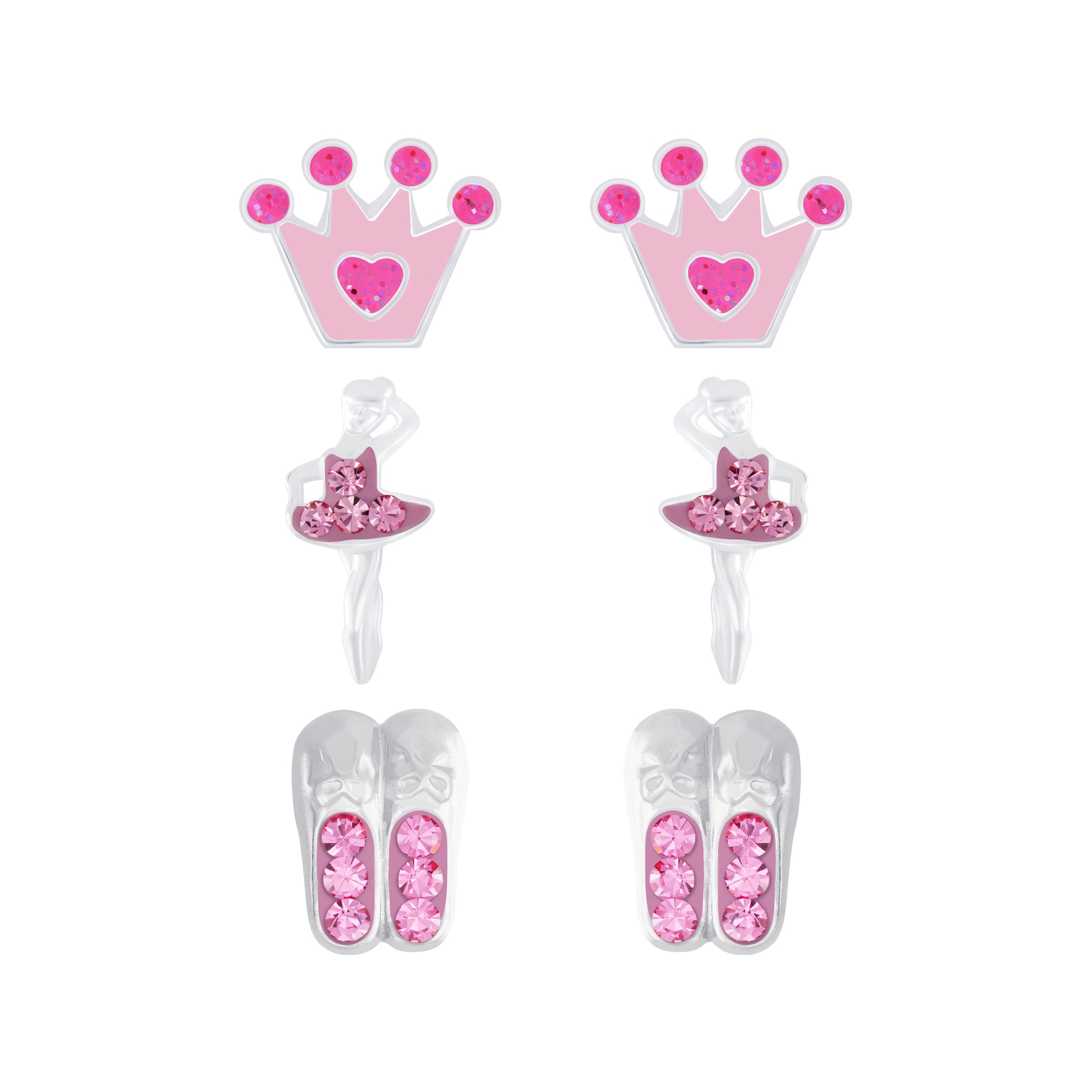 Pink crown ballet shoes earrings set for children by Melchior Jewellery with glitter and silver details