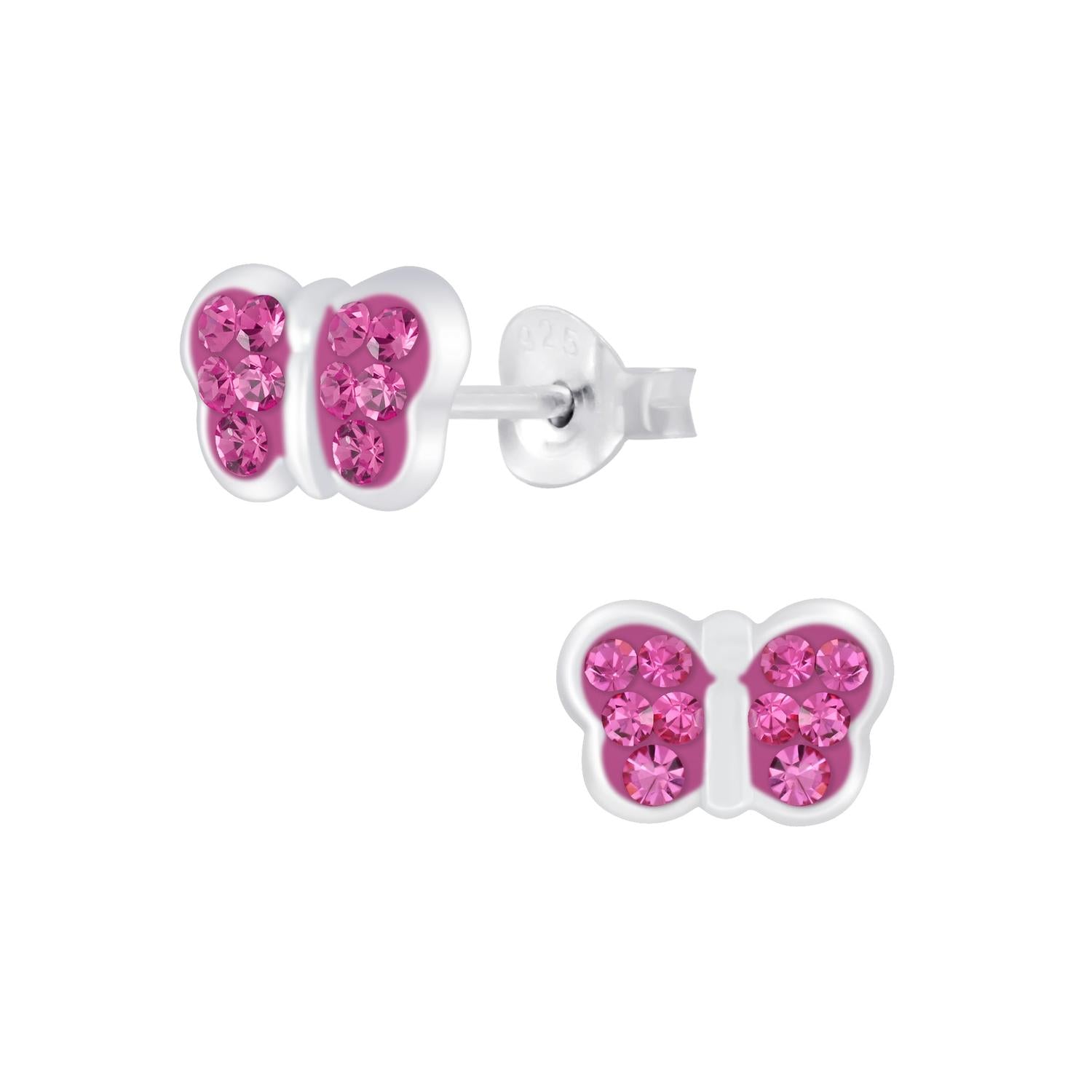 Pink crystal butterfly stud earrings for kids from Melchior Jewellery with silver setting and vibrant pink stones