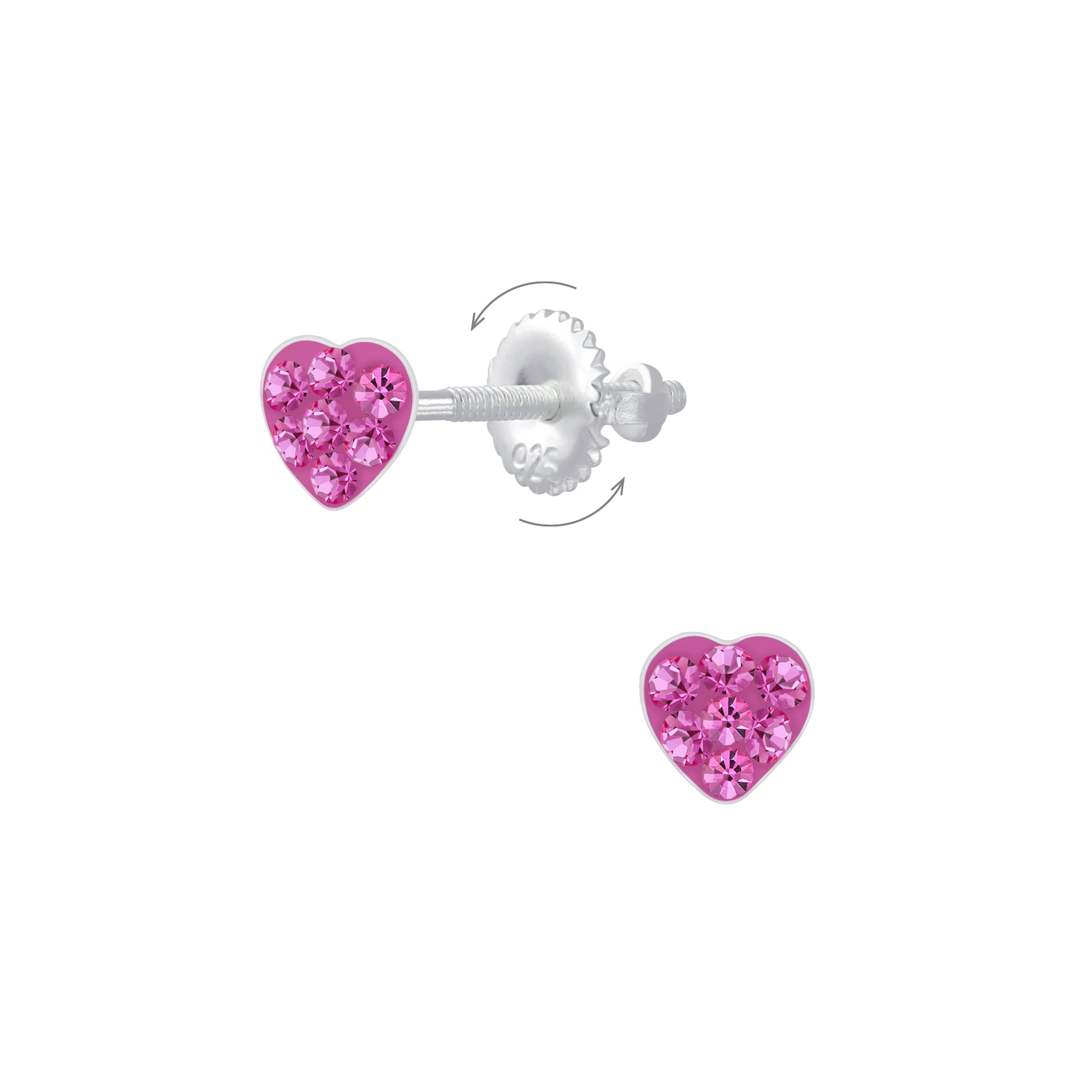 Pink crystal screw back earrings for kids in heart shape by Melchior Jewellery