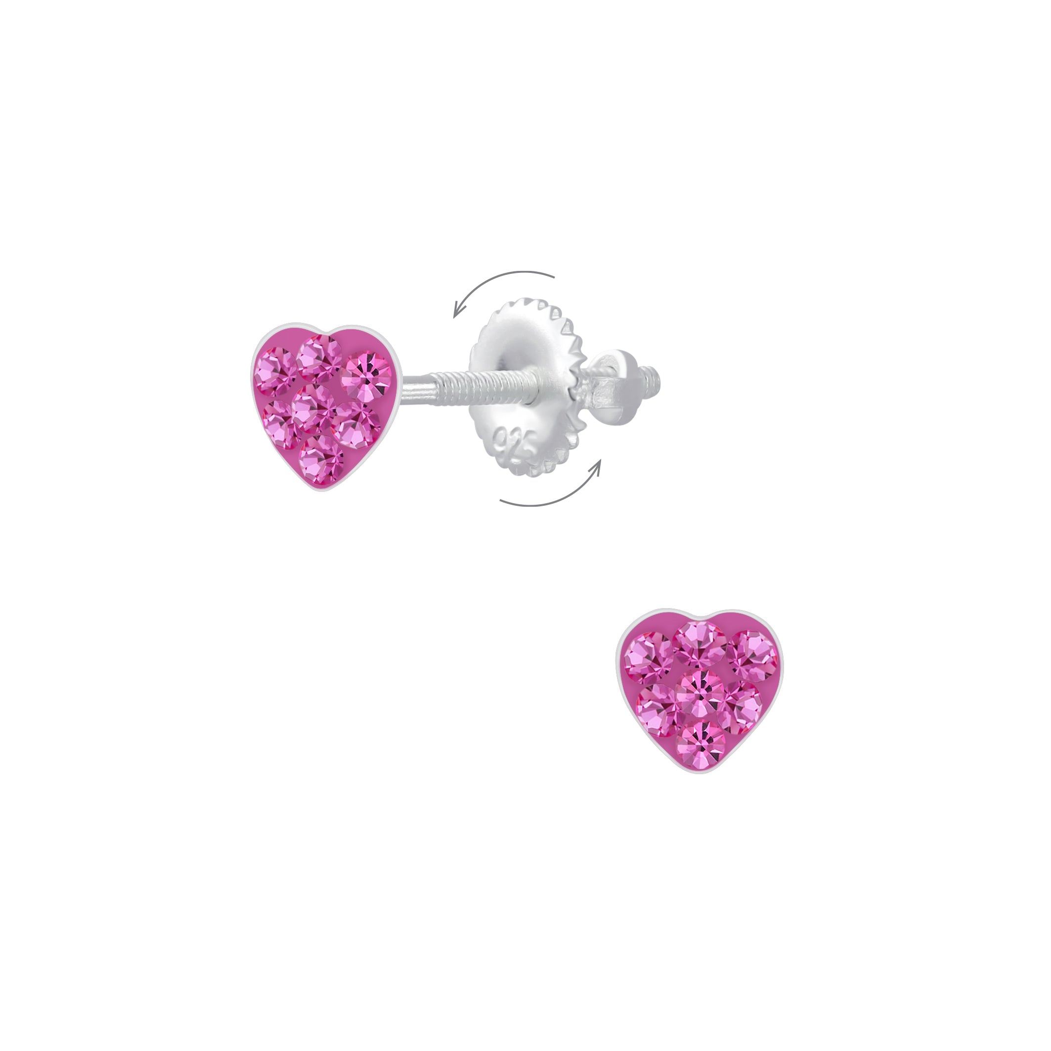 Pink crystal screw back earrings for kids in heart shape by Melchior Jewellery