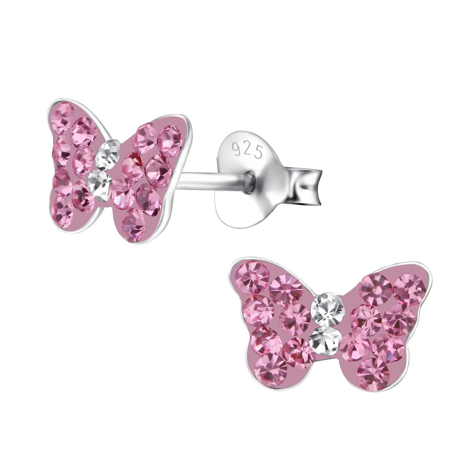 Melchior Jewellery pink crystal stud earrings for girls shaped like butterflies with silver studs