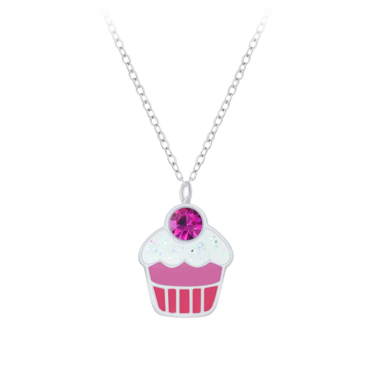 Melchior Jewellery pink cupcake necklace with sparkling white icing and bright pink gem pendant on silver chain