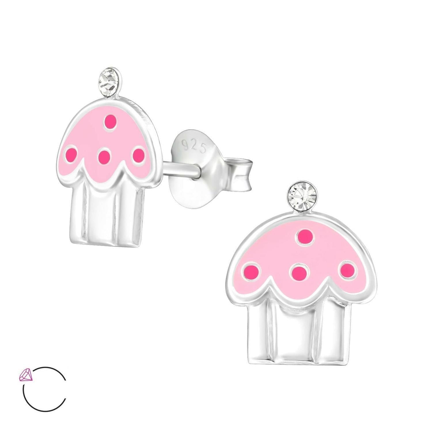 Melchior Jewellery pink cupcake stud earrings for kids with silver setting and small crystal detail