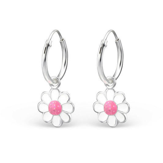 Melchior silver pink daisy hoop earrings for girls with white enamel petals and pink speckled centre
