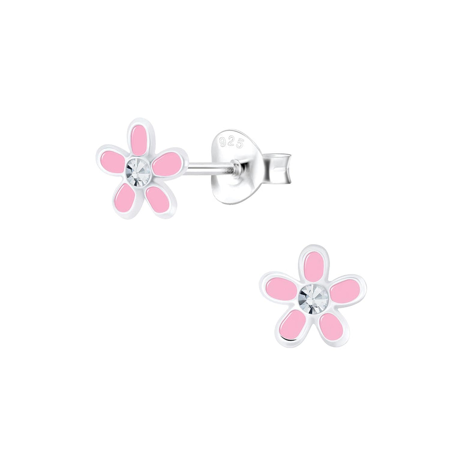 Melchior Jewellery Pink Flower Crystal Stud Earrings for kids with sterling silver and pink enamel petals
