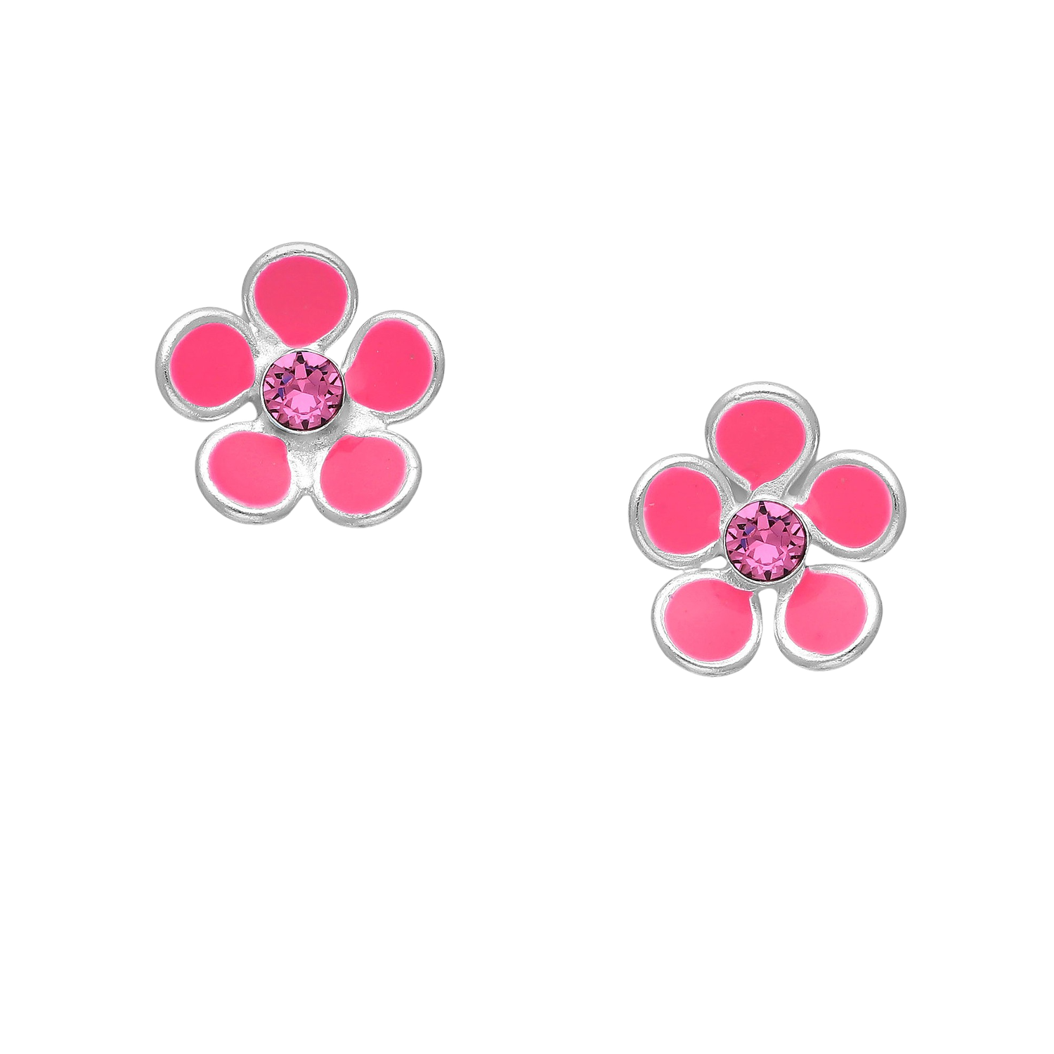 Melchior Jewellery pink flower earrings for kids with silver edges and pink gemstones