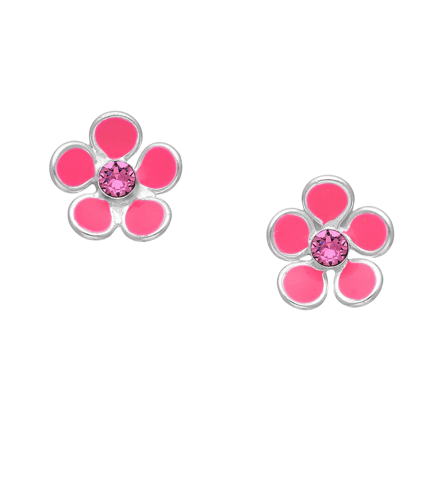 Melchior Jewellery pink flower earrings for kids with silver outline and central pink gem