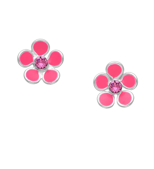 Melchior Jewellery pink flower earrings for kids with silver outline and central pink gem