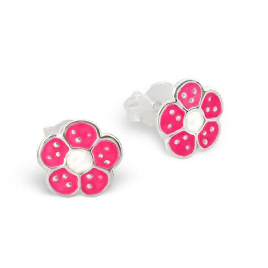 Melchior Jewellery pink flower stud earrings for kids in bright pink and silver finish