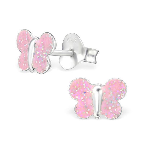 Pink glitter butterfly stud earrings for kids by Melchior Jewellery in silver finish