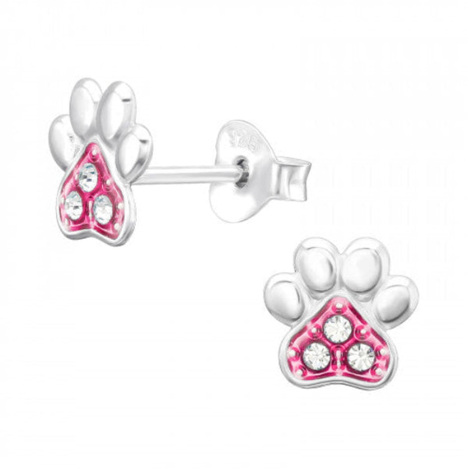 Melchior Jewellery pink paw stud earrings for kids with silver detailing and clear stones