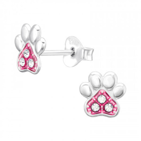 Melchior Jewellery pink paw stud earrings for kids with silver detailing and clear stones
