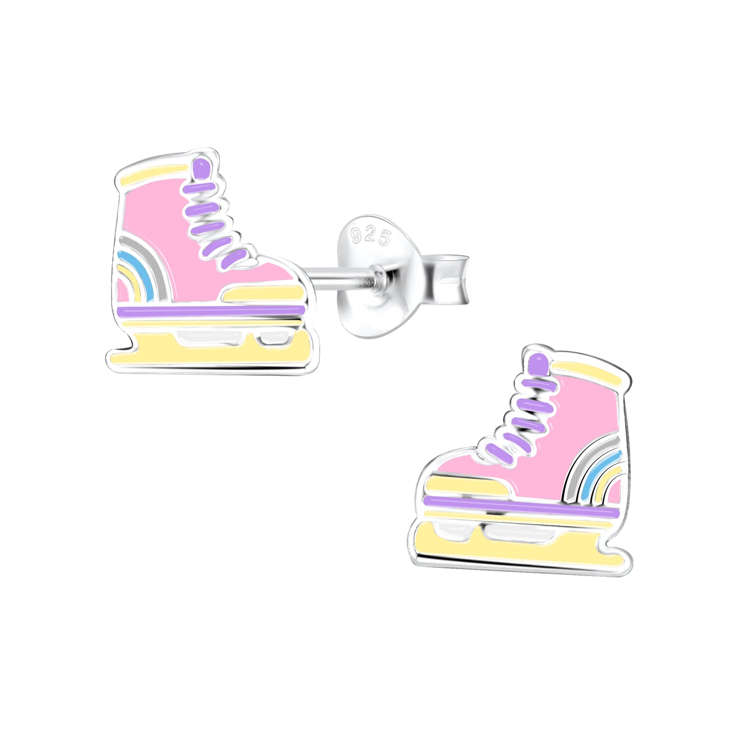 Pink roller blade stud earrings for children by Melchior Jewellery with colourful detailing